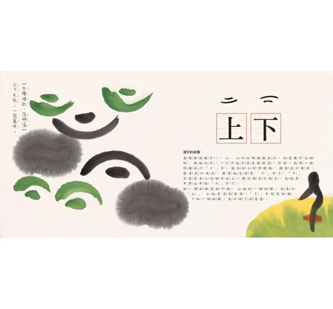 水墨漢字繪本全系列(一套四本)送漢字加強學習手冊:日月山川(象形篇)、上下十千(指事篇)、森林雪野(會意篇)、松柏晨露(形聲篇)